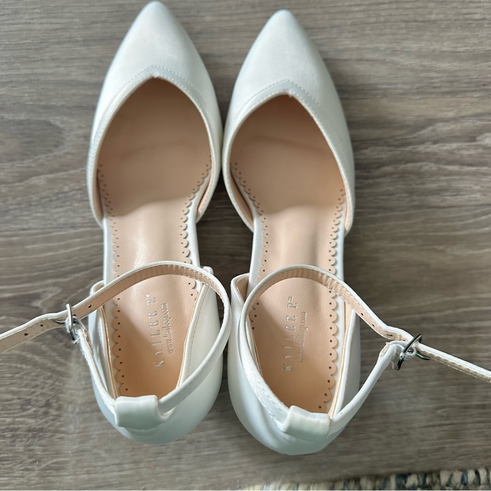 Bridal White Satin Ankle Strap Heels - Picture 11 of 13